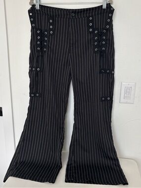 ROMWE Black Pinstripe Lace-Up Boot Cut Pants